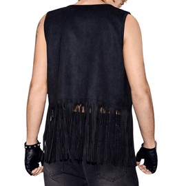 Verdusa Men's Sleeveless V Neck Studded Detail Fringe Trim Open Front Vest Jacket Black M