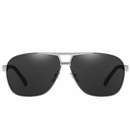 AOURBENE Retro Men's Aviator Glasses Polarised Square Metal Frame Sunglasses Driving Fishing Sports UV Protection Sunglasses, gun silver frame black gray