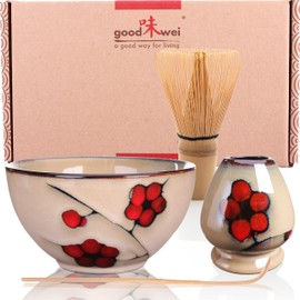 Goodwei Premium Matcha Tea Set - Ceremonial Bowl Chawan, Whisk and Holder + Gift Box (Plum, 80)