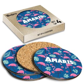 4 x Boxed Round Coasters - Name Amaris Tropic Flamingo Palm Flower Letter Lettering Initial Cork Backed MDF Glossy Tea Coffee Accessory #257106