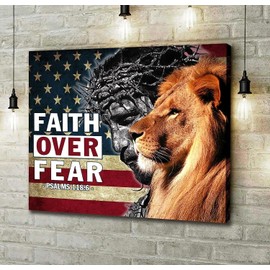 Cuarevw Vintage Metal Tin Sign Jesus Lion of Judah Faith Over Fear American Flag Landscape Canvas Tin Sign Poster Vintage Metal Signs for Bar Music Club Man Cave Room Wall Decor 8x12 Inch