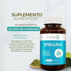 BIOSUPLE | Spirulina con Chlorella y Vitamina C. 90 cápsulas de 500 mg – SPIRULINA– Suplemento Alimenticio.
