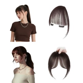 2 Pcs Dark Brown Wispy Bangs with Temples — Clip in Bangs Hair Extension Natural Looking Faux Fringe Hairpiece for Daily Wear