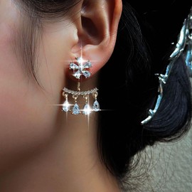 TseenYi Boho Crystal Chandelier Drop Earrings Gold CZ Flower Stud Earrings Rhinestone Ear Jacket Earrings Teardrop Crystal Dangle Bridal Earrings CZ Two Way Earrings Jewelry for Women and Girls