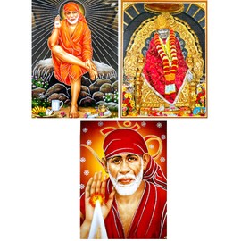 Juego de 3 pósteres Shirdi Saibaba con purpurina de dios hindúes: Tamaño: 12 x 16 pulgadas (sin marco)