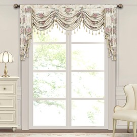 Loom and Mill Luxury European Waterfall Valance for Living Room Bedroom, Elegant Floral Jacquard Swag Window Valances with Tassels, Damask Swag Curtains for Banquet Wedding Holiday(W79Inch,1 Panel)
