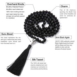 BALIBALI 108 Mala Beads Necklace Semi-Precious Gem Stones Meditation Necklace 108 Hand Knotted Japa Mala Beaded Tassel Necklace with Tree of Life Pendant