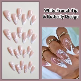 ANDGING White French Tip Press on Nails Almond Short Medium Fake Nails with Glue Gel Acrylic Stiletto Glue on Nails with Butterfly Design Manicure False Nails for Wedding Birthday Stick on Nails ALO8