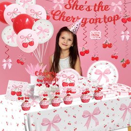 Pink Bow Party Supplies,208Pcs Coquette Birthday Party Decorations Includes Bow Cherry Paper Plates and Napkins,Cups,Banner,Tablecloth,Balloons,Serves 24 for Girls Bachelorette Party
