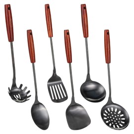 FJNATINH 6-Pieces Wok Utensils Set for Carbon Steel, Wok Spatula Soup Ladle Set Cooking Kitchen Tools Professional Sets, Wooden Handle Skimmer, Soup Ladle, Slotted Turner,etc.