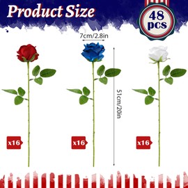 48Pcs Roses Artificial Flowers Bulk Red White and Blue Flowers 4th of July Long Stem Fake Silk Roses Flowers Patriotic Roses Flowers for Home Decor Memorial Day Independence Day Table Centerpiece