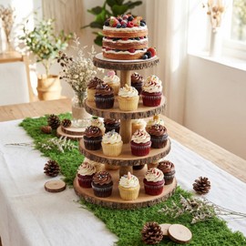 Wenqik 2 Pack/Set 4 Tier Wooden Cupcake Stand 17 Inch with Moss Table Runner, Rustic Wood Tower Tiered Tray for Dessert Display Forest Woodland Farmhouse Wedding Birthday Garden Party Centerpiece