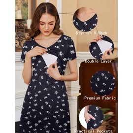 Ekouaer Women's Nursing Dress Summer Short Sleeve Maternity Split Long Dresses for Breastfeeding Black-Floral-White XL