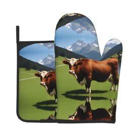 YYHWHJDE Real Swiss Cow Brown Pattern Quality Oven Mitts and Pot Holders Sets of 2 Kitchen Baking Used to open pot lids in the kitchen