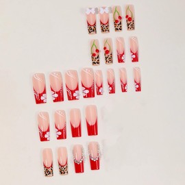 BABALAL Press on Nails Long Square Fake Nails Cheetah French Tip Glue-ons 3d Cherry Design Y2k Acrylic Nails Red Flower 24Pcs Glossy Squoval Full Cover Custom False Nails for Women Girls