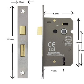 3 Lever Polished Chrome Mortice Sashlock 65mm, Door Lock with Key for Internal and External Doors, Reversible Catch, CE Approved and Fire Rated Protection - Infinity Decor®