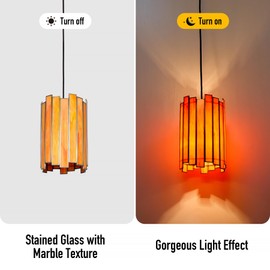 Wrlmfy Tiffany Pendant Lighting, 7" Brass Cylindrical Hanging Lamp with Stained Glass for Foyer, Entryway, Bedroom, Dining Room, Stairwell (Tangerine)