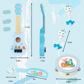 WoodenEdu Kids Guitar for Girls, Wooden Musical Instruments Toys with Ukulele, Tambourine, Maracas, Harmonica, Mini Band Sets for Toddlers 2 3 Years Old Birthday Gift (Blue for Boys)