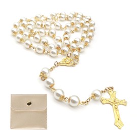 Calkkrer Catholic Rosary, Communion Rosary with Retro Cross, Velvet Gift Bag, Elegant Cross, Christening Communion Wedding Communion Party (Golden)