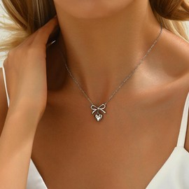 JotCa Gold Necklace for Women, Dainty White Gold Tiny Bow Pendant Necklace Trendy Bowknot Ribbon Necklaces Gold Bridal Jewelry