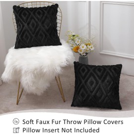 CJWLKJ 2Pcs Soft Faux Fur Throw Pillow Covers 18x18 - Plush Short Wool Velvet Decorative Pillow Covers - Couch Sofa Pillow Covers for Living Room - with 3D Diamond Pattern (Black)