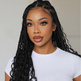 Top Remy Braided Wigs for Black Women 36” Boho Knotless Box Braided Wig Bohemian Braid Wig with Baby Hair Over Hip-Length Synthetic Black Braided Lace Front Wig