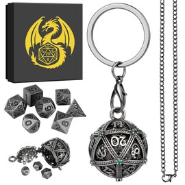 Mini DND Dice Set with Keychain Necklace Pocket Chain Spherical Hollow D20 Metal Case, 7pcs Polyhedral Metal D&D Dice Set, DND Gifts with Gift Box, Role Playing Board Games Accessories, Silver