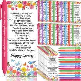 Sinload 50 Set Spring Gifts Pens Bulk with Flowers Butterfly Greeting Cards Spring Inspirational Ballpoint Pens and Ties Spring Summer Bloom Flowers Florals Spring Easter for Employee School Holiday