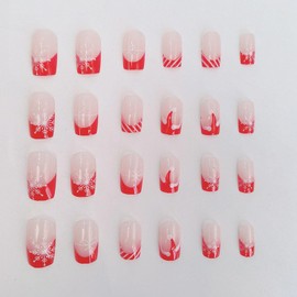 Secret Tips Press on Nails, Medium Square Fake Nails With Snowflake & Christmas Hat Designs - Red French Tip, Nude Acrylic, Artificial Stick on Nails Glossy Glue, 24Pcs