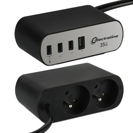 Electraline Electradock 35461 Power Strip with 2 French Sockets + 4 USB (3 USB C (Power Delivery) PD35W + 1 USB A QC) + 1 Desk Mount Included