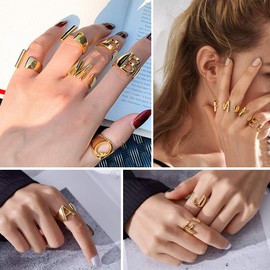 FindChic Ring Initial for Women Letter T Statement Cuff Rings for Women Alphabet Knuckle Ring 14K Gold Plated Resizable Fashion Jewelry