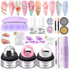 Saviland Builder Gel Length Solid Builder Nail Gel Kit Beginner: 3 Colors No Wipe Gel Builder with UV Lamp Chrome Powder Nail Sequins Complete 3D Carving Nail Extensions for Carving Nail Art Accessories