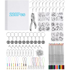 Birshe Birshe 228 Stück Schrumpffolie Set Schrumpffolie Set Schlüsselanhänger Schrumpffolienset Einschließlich Schrumpffolien,Buntstifte,Schlüsselbundzubehör,Locher,Perlenschnur für DIY Handwerk Dekorationen