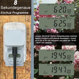 NOVKIT Digitale Zeitschaltuhr Steckdose für den Außenbereich mit 8 sekundengenaue Programme und einbruchsicheren Zufallsschaltung(230V / 16A / 3680W)