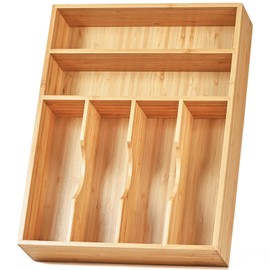 Umilife Kitchen Drawer Organizer, 12 Inch Silverware Utensil Tray Holder, Extra Deep, with Non-Slip Feet & Grooved Drawer Divider, 6 Slots Total Bamboo Wood Caddy for Flatware Cutlery Knives