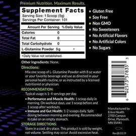 엔비아 L글루타민 파우더 505g (글루텐프리 GMO무첨가) L-Glutamine Envia L-Glutamine Powder 505g (Gluten-Free, Non-GMO)