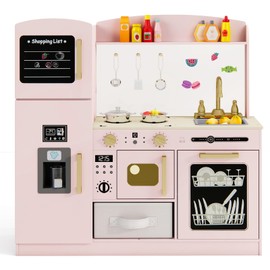 Costzon Kids Kitchen Playset, Wooden Pretend Play Kitchen w/Real Lights & Sounds, Chalkboard, Microwave, Ice Maker, Dishwasher, Sink, Cookware Accessories, Play Kitchen for Kids Ages 3+ (Pink)