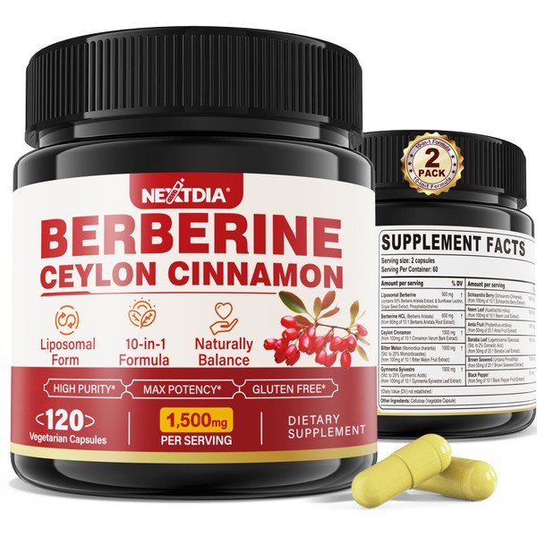 Nextdia 2 Pack 1500mg Liposomal Berberine HCL with Ceylon Cinnamon
