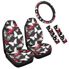 Semiouray Black Butterfly Print Universal 5 Pcs Car Interior Automotive Cartoon Red White Butterflies Pattern Steering Wheel Cover Seat Belt Cover Polyester Car Seat Protectors Cover