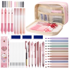 Guiqulai 49PCS Aesthetic School Supplies,Pink Pen Case with 16 Pastel Highlighter 11 Black Gel Pens 10 Refills 6 Pencils 2 Sticky Notes and 3 Erasers for Students Stationary