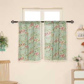 Moslovstar 2 Panels Linen Tassels Curtains Farmhouse Floral on Green Vintage Semi Sheer Window Curtain for Kitchen Bathroom, 26x18in Valances