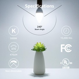 Lepro E12 LED Candelabra Light Bulbs, 5000 Kelvin Daylight White 5.5 watt, 40 watt Equivalent B11 C37 Ceiling Fan Bulb Chandelier Bulbs, Type B Small Base Candle Lights, Plastic, Not-dimmable, 3-Pack