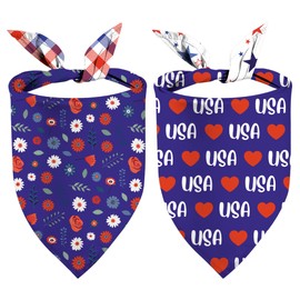 4Th of July Dog Bandanas, Reversible Dual-Layer Patriotic Theme Design 2 Pack, I Love USA Independence Day Square Dog Kerchief, American Flag Pet Scarf Dogs Gifts (04)