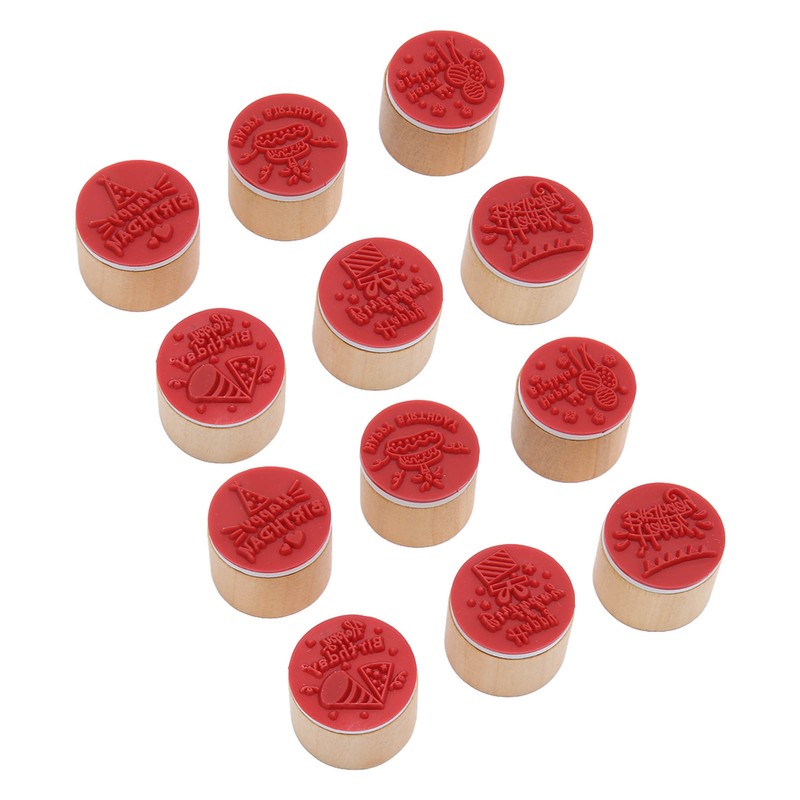 12Pcs Birthday Stamps Wooden Handle Assorted Style Clear Pattern Wooden