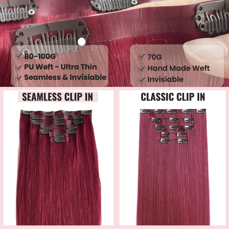Clip in Hair Extensions Real Human Hair Burgundy 7 Pcs