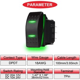 MKBKLLJY Toggle Switch (ON)-Off-(ON) 3 Positions Waterproof DC 12V/20A 24V/10A 7Pin DPDT Green LED Light with Jumper Cable Set for Boat Car Pack of 2
