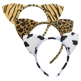 3PCS Cat Ears Headbands Hair Band Animal Plush Hairbands Hair Hoop Headwear Cosplay Hair Accessories(Tiger+Cow+Leopard)