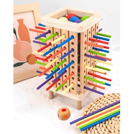Montessori Wooden Board Game, Wooden Tower Games with 42 Coloured Sticks & Dice, Fine Motor Skills Game and Counting Game, Wooden Board Game for Children 3 4 5 6 Years Old Montessori Toy