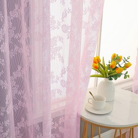 Floral Lace Sheer Curtains Pink 63 Inch Length Vintage Floral Embroidery Window Voile Drapes for Kids Bedroom Flower Privacy & Light Filtering Grommet Top Curtain Panels for Balcony 55" W, Set of 2