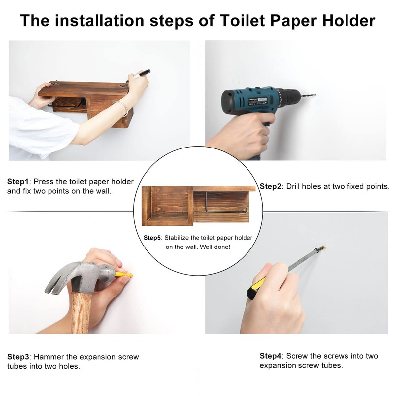 Wooden Toilet Paper Holder Wall Mount with Shelf - Farmhouse
